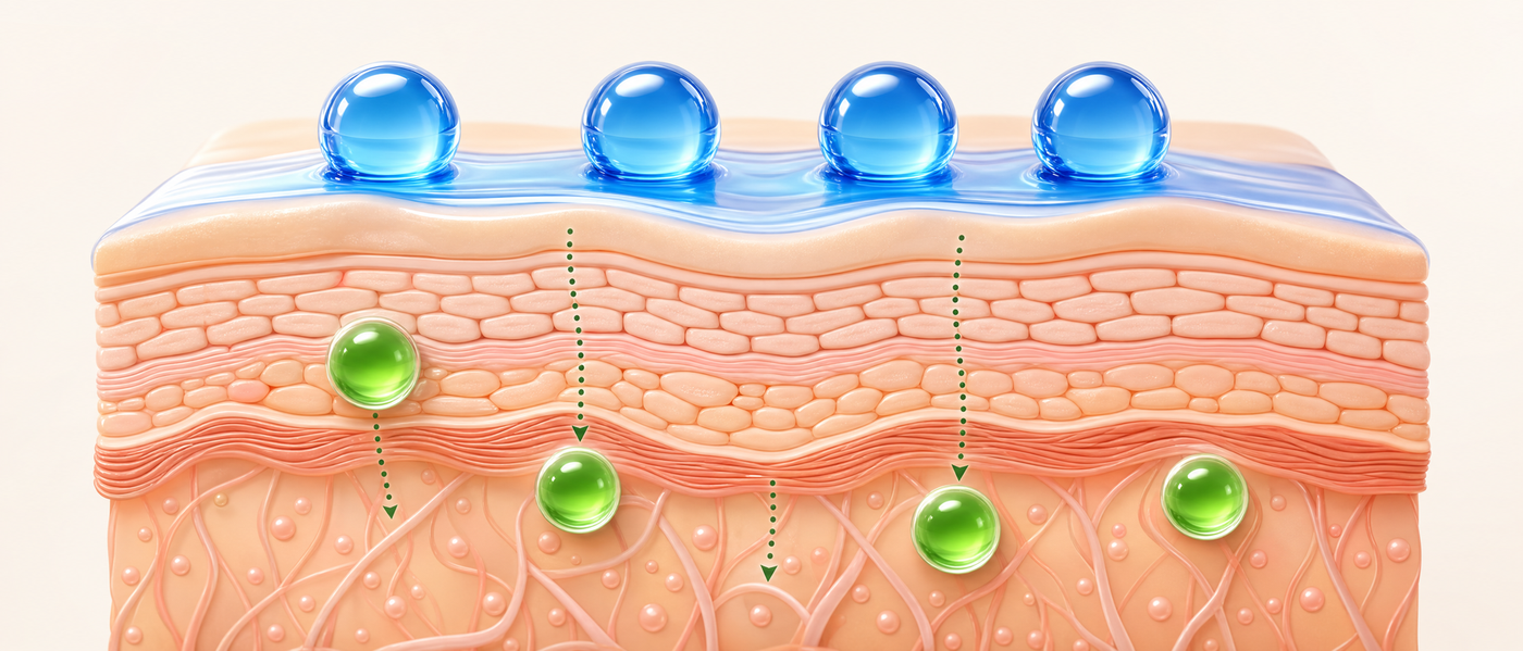 STD(Selection Transdermal Delivery) 시스템 다이어그램 - 파란 구슬(Hemp Seed Oil)이 피부 표면에 보호막을 형성하고, 초록 구슬(Panthenol)이 피부 깊이 침투하는 모습